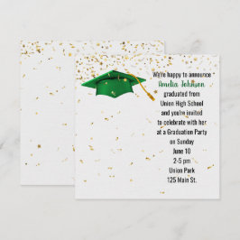 Invitación Gorra de graduación verde con confetti de oro