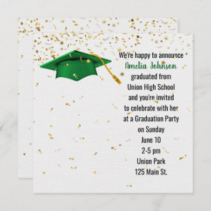 Invitación Gorra de graduación verde con confetti de oro