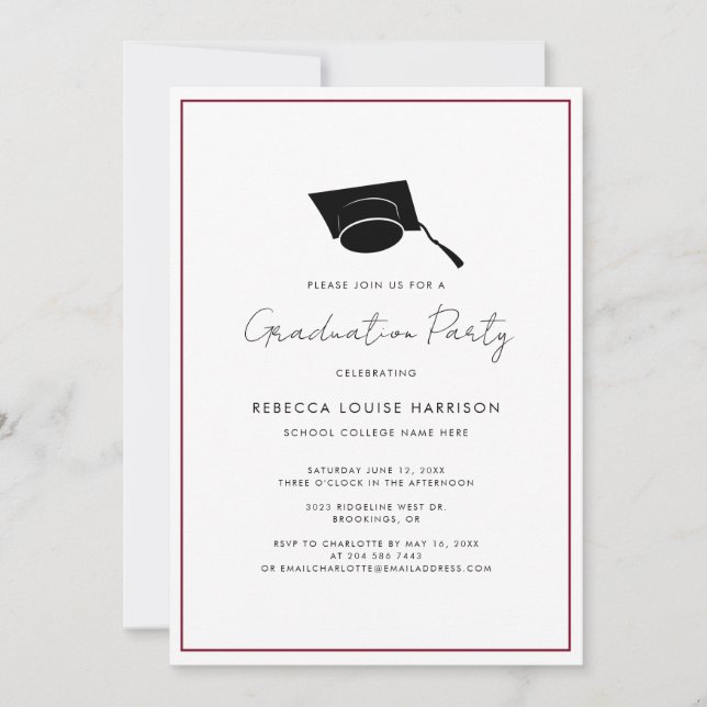Invitación Gorra de Graduado de Borgoña Simple Fiesta de Grad (Anverso)