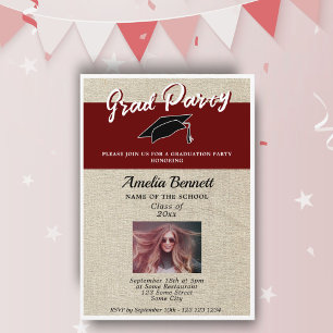 Invitación Gorra de graduado Rojo Rústico Foto de fiesta de g