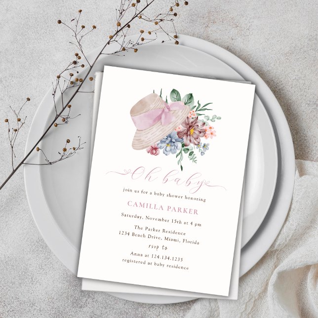 Invitación Gorra de jardín de flores de verano de primavera B (Spring Summer Flower Garden Hat Baby Shower Invitation)