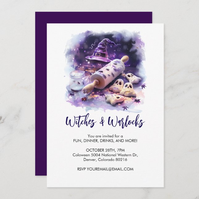 Invitación Gorra de la Bruja acuarela con alfiler, Halloween (Anverso / Reverso)