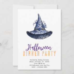 Invitación Gorra de las brujas azul y blanca Fiesta de la cen