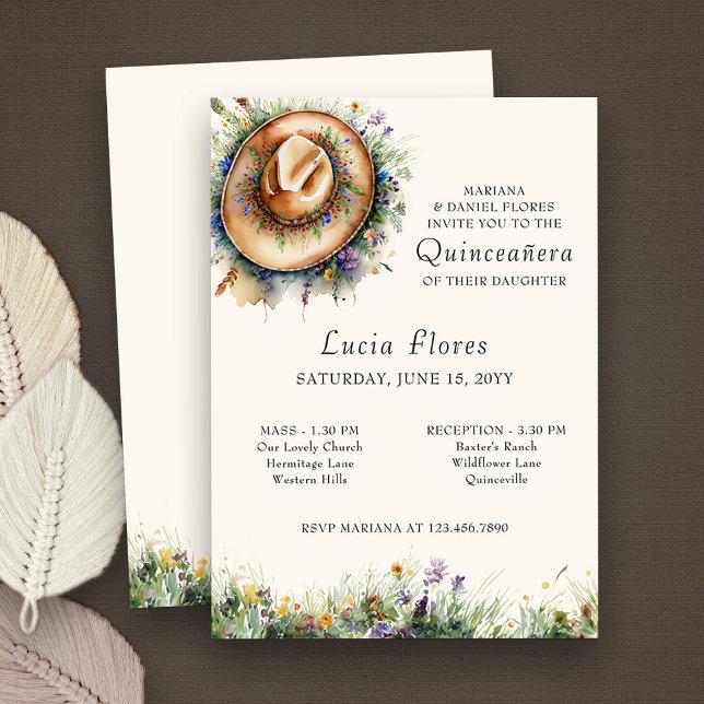 Invitación Gorra de lechuza florida Rustic Quinceanera y misa (Quinceanera and Mass Invitation from my Wildflower Cowgirl Hat Quinceanera Collection
)