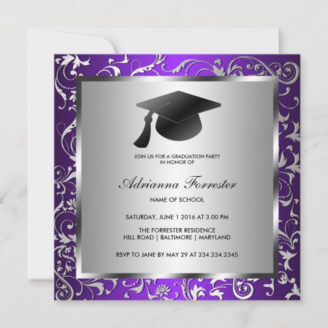 Invitación Gorra de plata púrpura de la graduación del negro (Anverso)