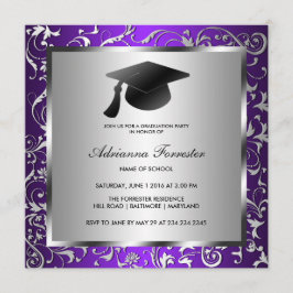 Invitación Gorra de plata púrpura de la graduación del negro