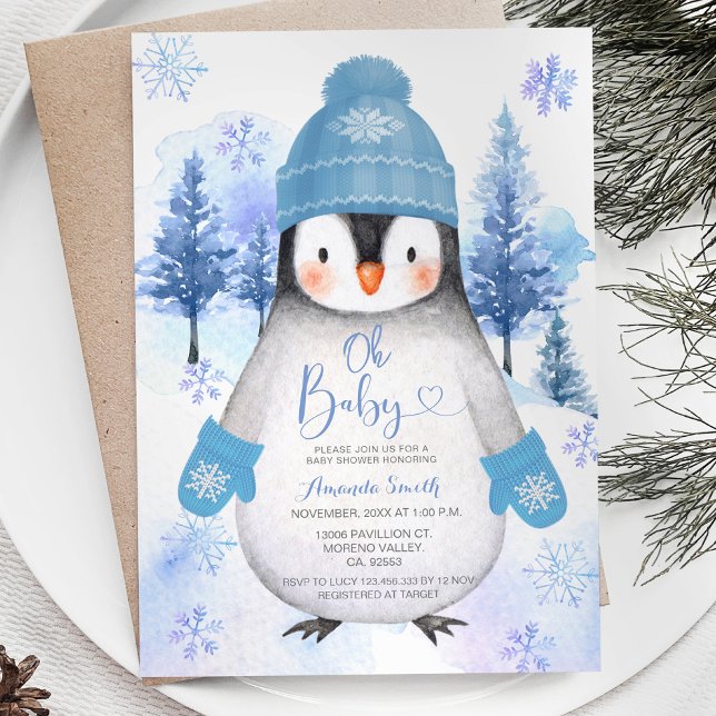 Invitación Gorra de punto azul pingüino Snowflakes Baby Showe (Subido por el creador)