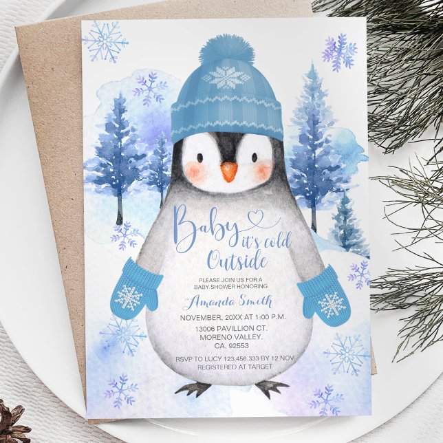 Invitación Gorra de punto pingüino Copos de nieve Plata Azul (Subido por el creador)