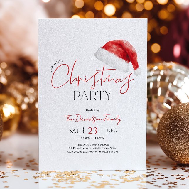 Invitación Gorra de Santa para Fiesta de Navidad (Christmas Party with cute Santa Hat and red and black fonts)