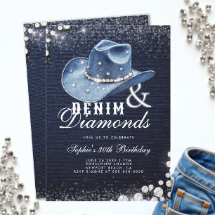 Invitación Gorra de vaca Denim Diamonds Script 30 cumpleaños