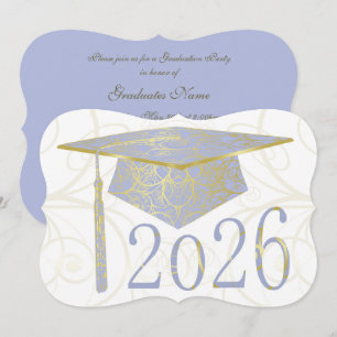 Invitación Gorra floral azul cielo y dorado Fiesta de graduac