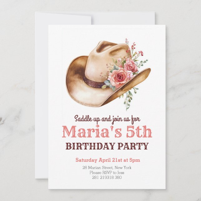 Invitación Gorra Floral Rosa de Vaquera Rodeo Nacimiento Occi (Anverso)
