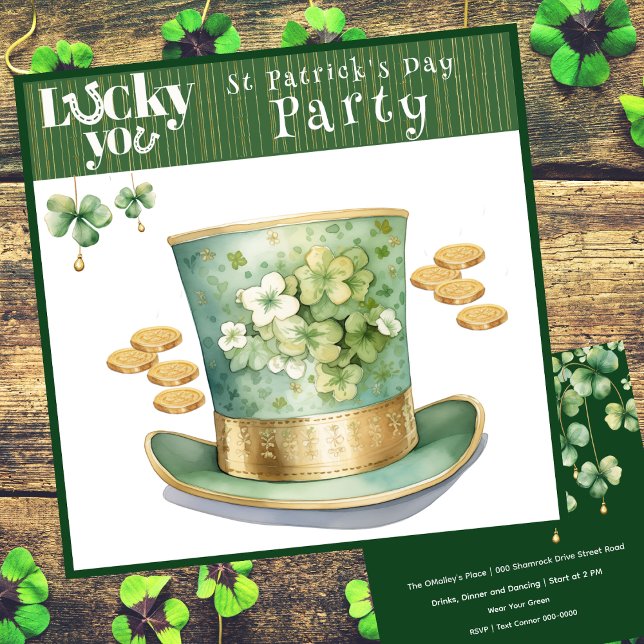 Invitación Gorra Leprechaun y Fiesta de Monedas de Oro (Lucky you St Patrick's Day Irish top hat customizable party invitation in green and gold. )