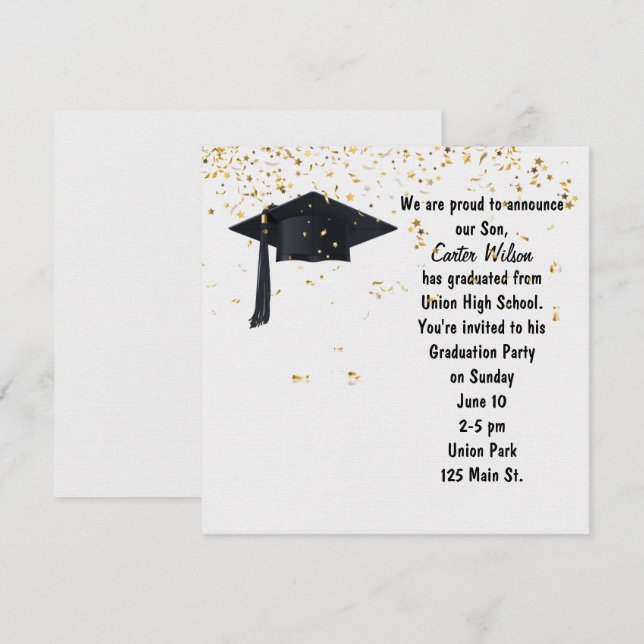 Invitación Gorra negra de graduación con confetti de oro (Anverso / Reverso)