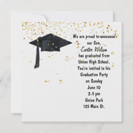 Invitación Gorra negra de graduación con confetti de oro