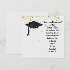 Invitación Gorra negra de graduación con confetti de oro