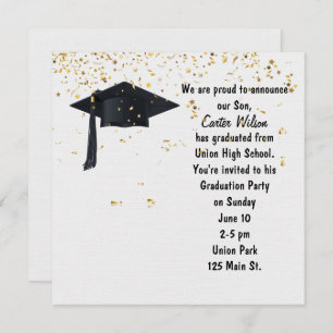 Invitación Gorra negra de graduación con confetti de oro