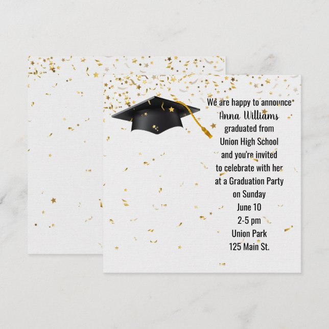 Invitación Gorra negra de graduación con confetti de oro (Anverso / Reverso)