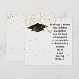 Invitación Gorra negra de graduación con confetti de oro