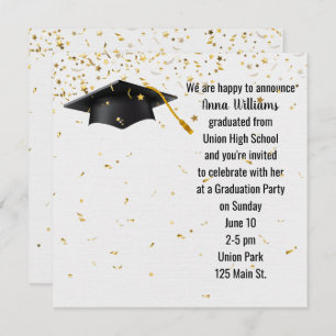 Invitación Gorra negra de graduación con confetti de oro
