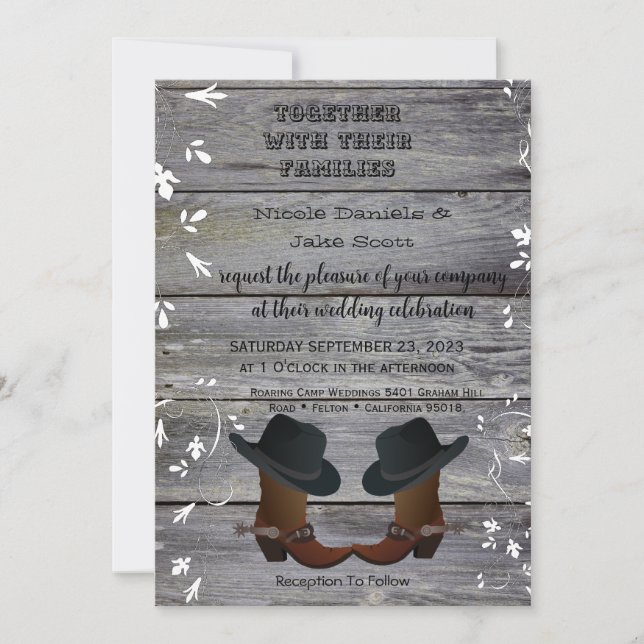 Invitación Gorra negro y vaquero bota matrimonio rural (Anverso)