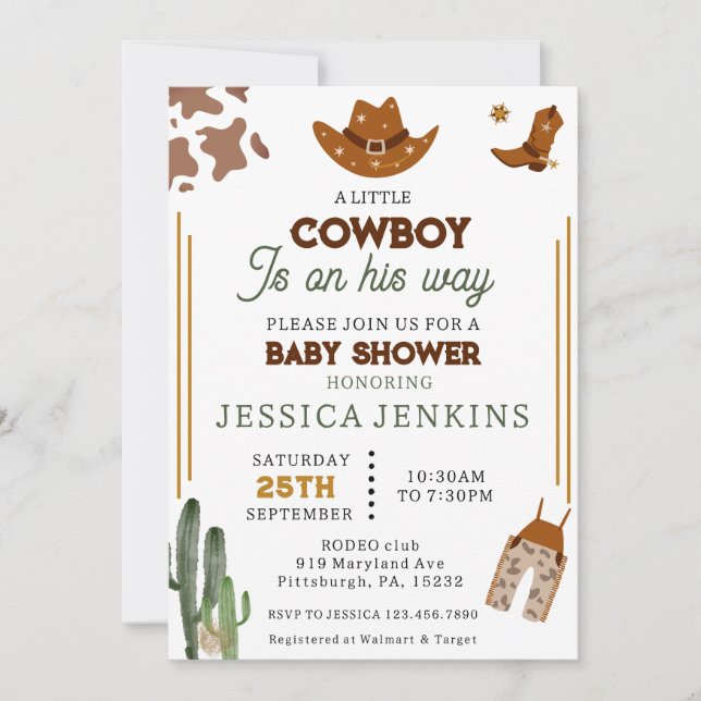 Invitación Gorra occidental boots Denim Boy Baby Shower (Anverso)