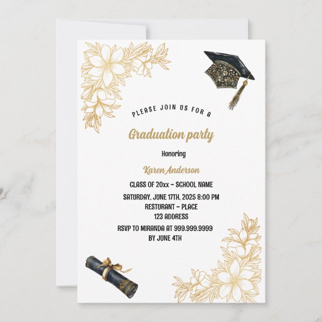Invitación gorra Partido de graduación negro y oro (Anverso)