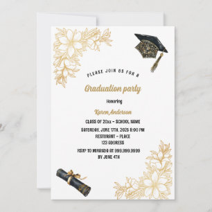 Invitación gorra Partido de graduación negro y oro