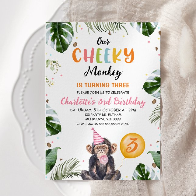 Invitación Gorra Rosa Cute Nuestro Cheeky Mono Cumpleaños (Girls Cheeky Monkey Birthday Invitation Template, Printable Monkey Themed Birthday Invitation Girl)