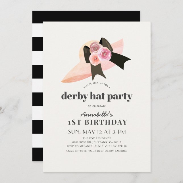 Invitación Gorra Rosa Rosado Derby Fiesta de primer cumpleaño (Anverso / Reverso)