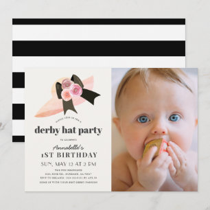 Invitación Gorra Rosado Derby Rosa Fiesta de primer cumpleaño