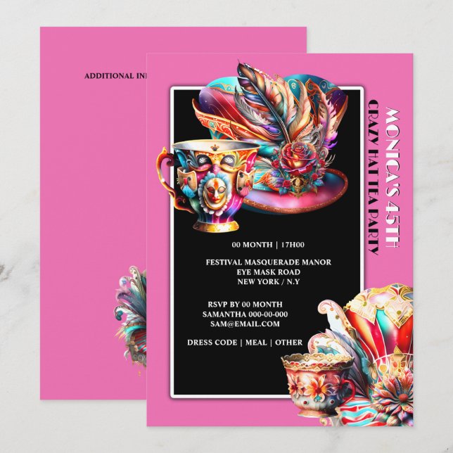 Invitación Gorra tea fiesta festival mascarada pluma rosa (Anverso / Reverso)