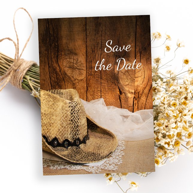 Invitación Gorra Vaquero Barn Wood Western Wedding Save the D (Subido por el creador)