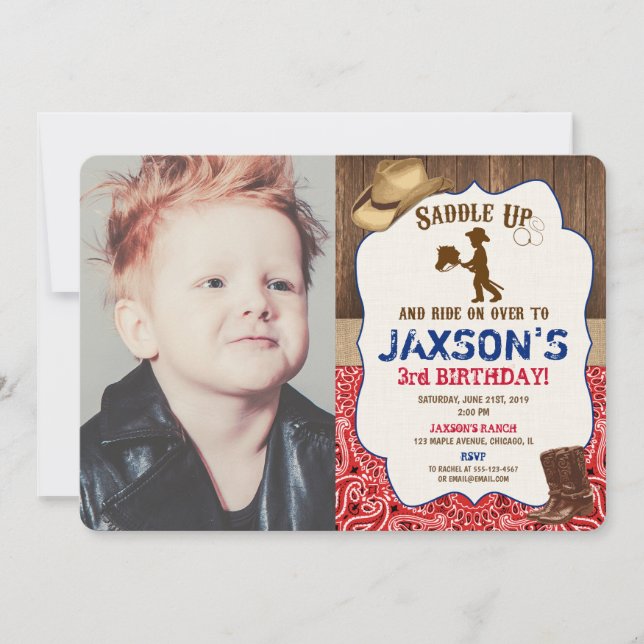 Invitación Gorra Vaquero botas rústico niño cumpleaños foto (Anverso)