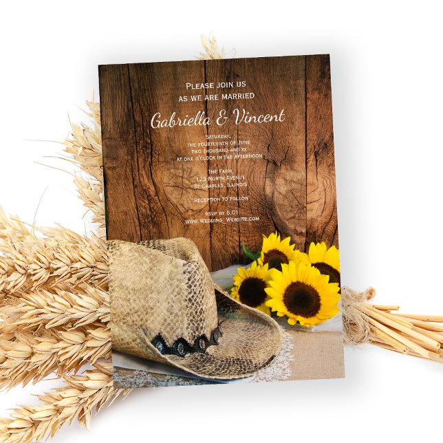 Invitación Gorra Vaquero, Sunflowers Barn Wood Country Weddin (Subido por el creador)