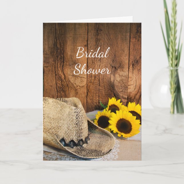 Invitación Gorra Vaquero Sunflowers y Barn Wood Bridal Shower (Anverso)