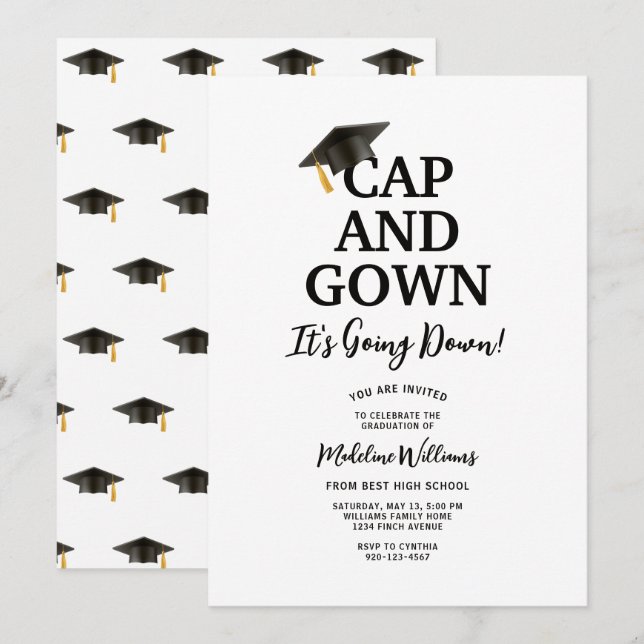 Invitación Gorra y bata está bajando la graduación (Anverso / Reverso)