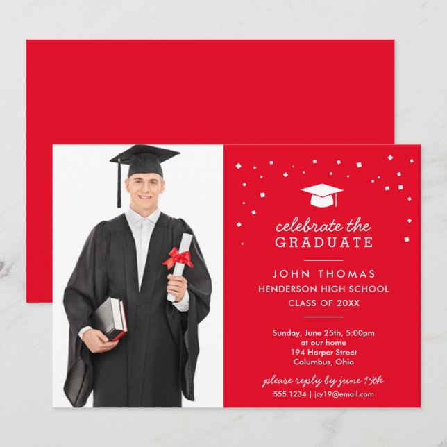 Invitación Gorra y confetti con foto, graduación roja (Anverso / Reverso)