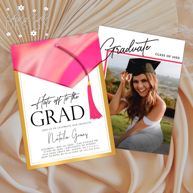 Invitación Gorras A Grad Pink & Gold Graduation Photo (Subido por el creador)