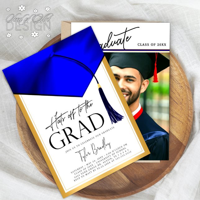 Invitación Gorras A La Foto De Grad Blue & Gold Mens Graduada (Subido por el creador)