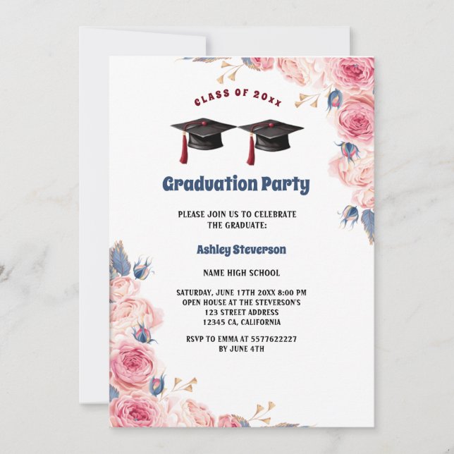 Invitación gorras de acuarela graduación floral (Anverso)