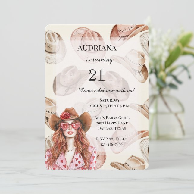 Invitación Gorras de Cowgirl occidentales cumpleaños de pelo  (Anverso de pie)