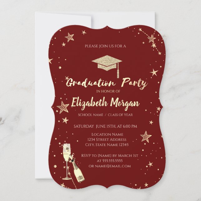 Invitación Gorras de Graduación Brillantes Estrellas Doradas  (Anverso)