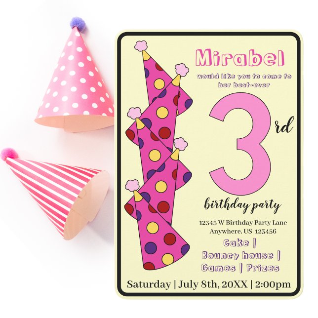 Invitación Gorras Fiestas rosados Fiestas de tercer cumpleaño (Subido por el creador)
