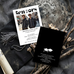 Invitación Gorras para Graduados Seniors Gemelos Modernos Neg