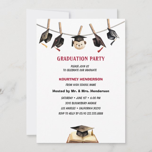 Invitación gorras simples cuerda de graduación Partido (Anverso)