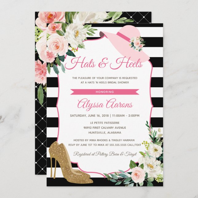 Invitación Gorras y talones derby Black Pink Bridal Shower Fl (Anverso / Reverso)