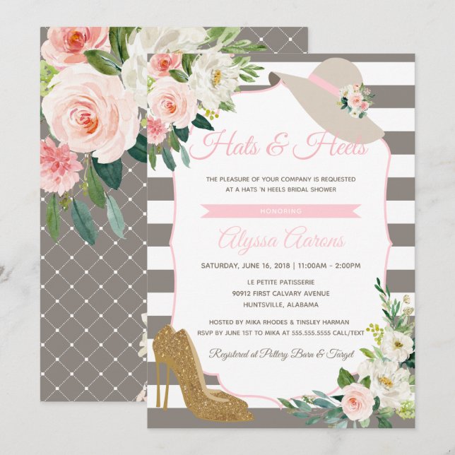 Invitación Gorras y talones derby Greige Bridal Shower Floral (Anverso / Reverso)