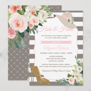 Invitación Gorras y talones derby Greige Bridal Shower Floral