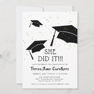 Invitación Gorrito blanco y negro con brillo dorado para grad